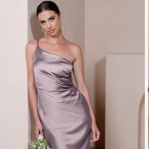 BRAND NEW Revelry Jade Satin Dress- Taupe MIDI 28 inches waist to hem, Size: 10